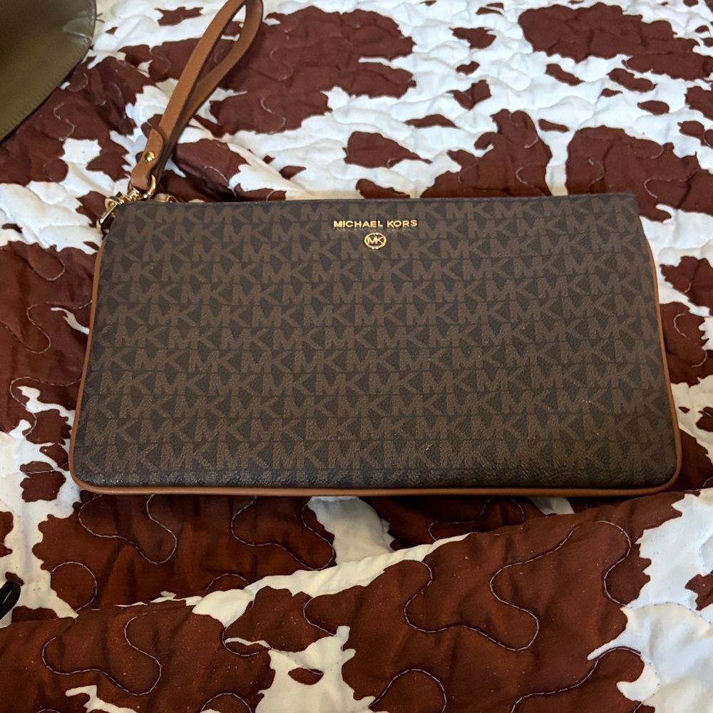 Michael Kors Brown Monogram Wristlet with Gold Logo
